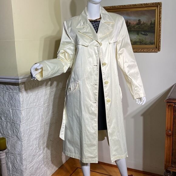 Nuage Ivory White Satin Classic Belted Trench Coat - Picture 6 of 13